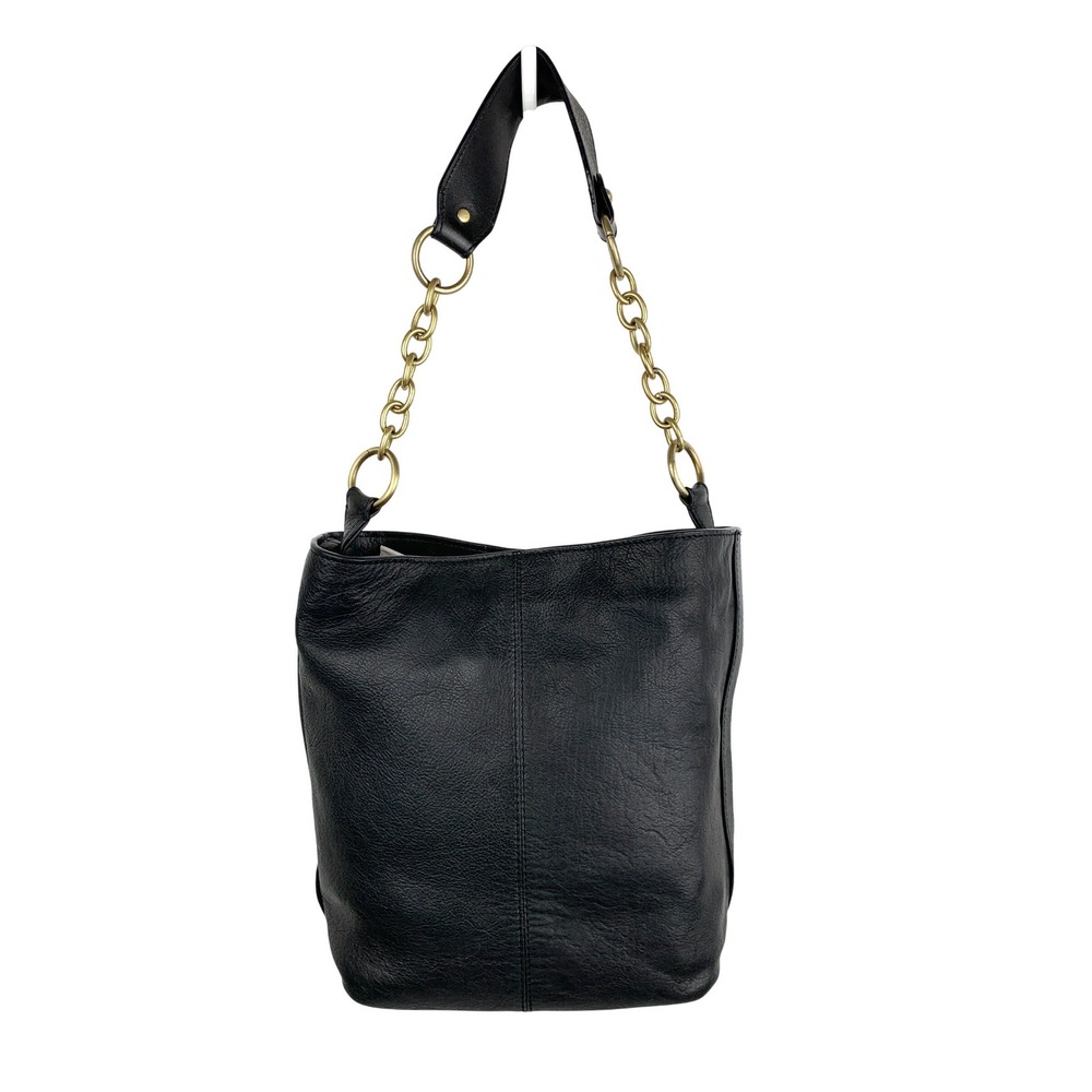 Laundry by Shelli Segal Black Leather Hobo Bucket Purse Gold Chain Strap Medium